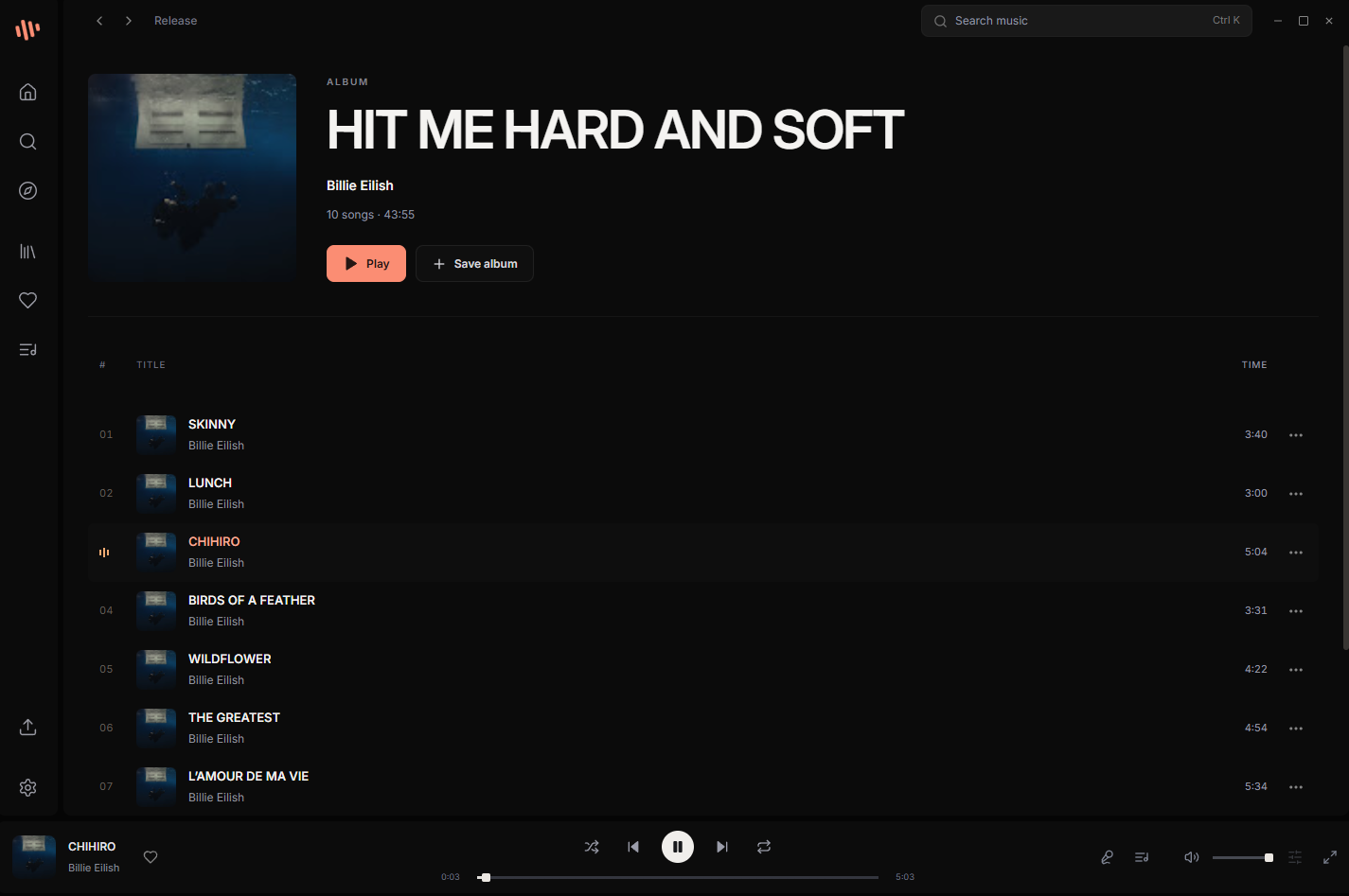 TUNED album page with track list