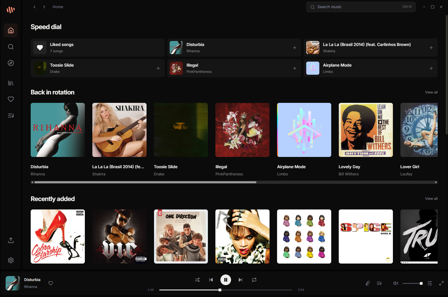 TUNED home screen with speed dial and recent albums