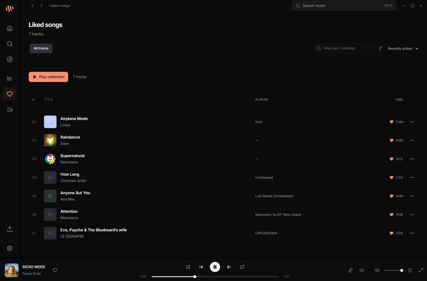 TUNED liked songs library